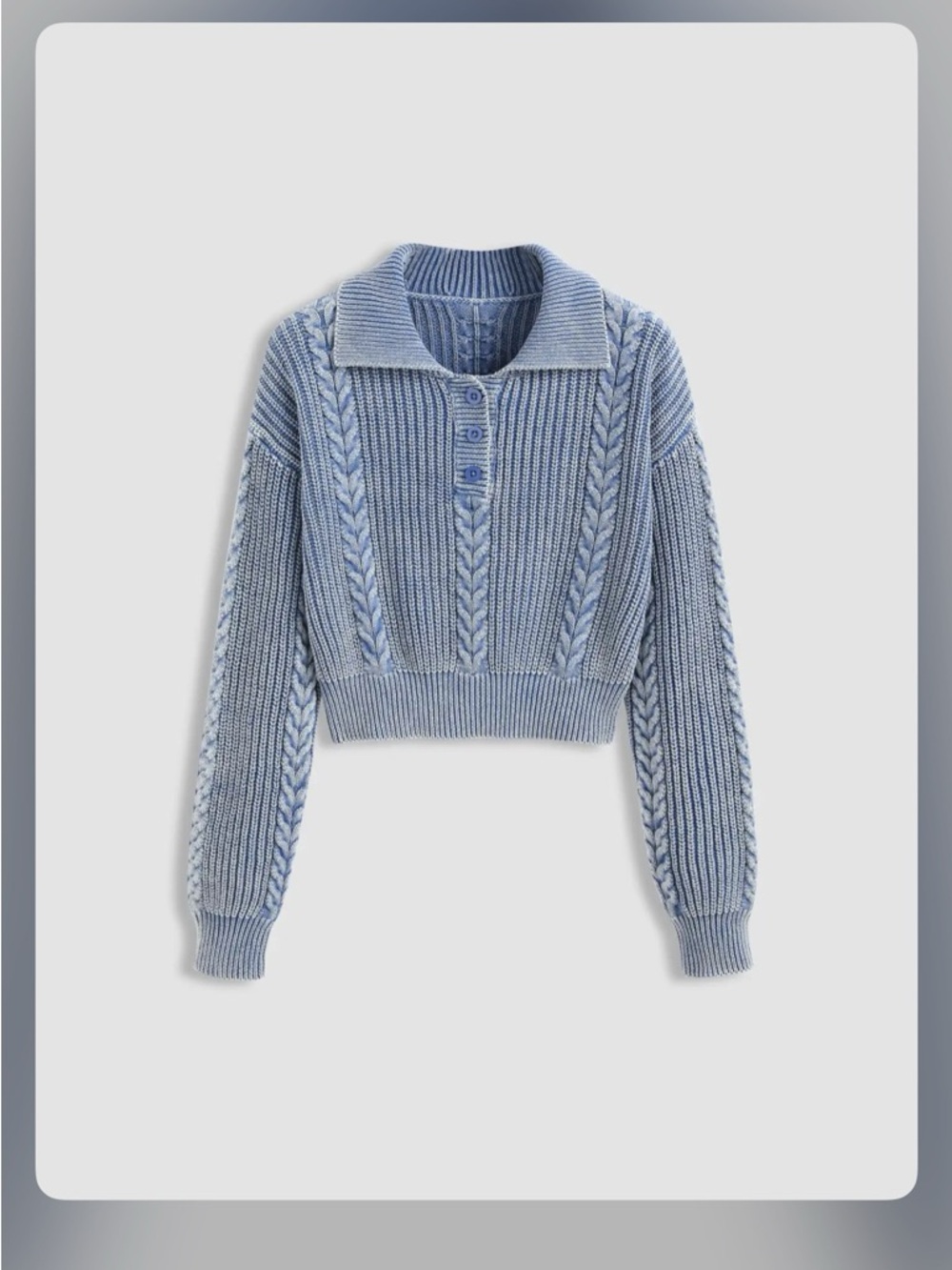 Cider Light Blue Cropped Cable-Knit Polo Sweater